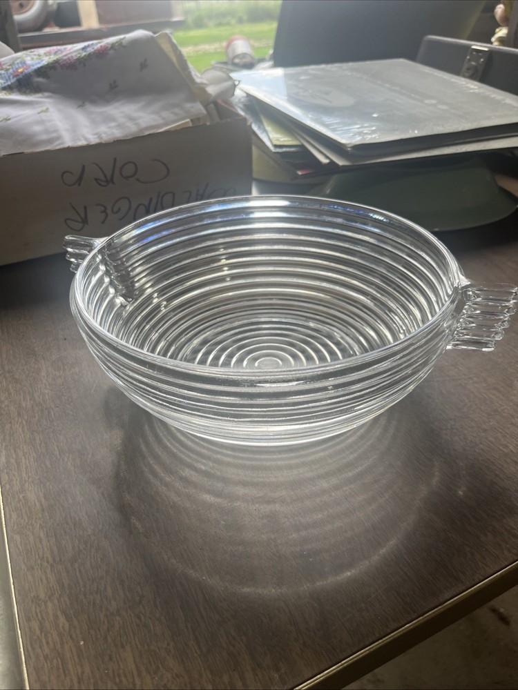 Vtg Anchor Hocking MANHATTAN Clear Side Dish Bowl Serving Ribbed Handled 9