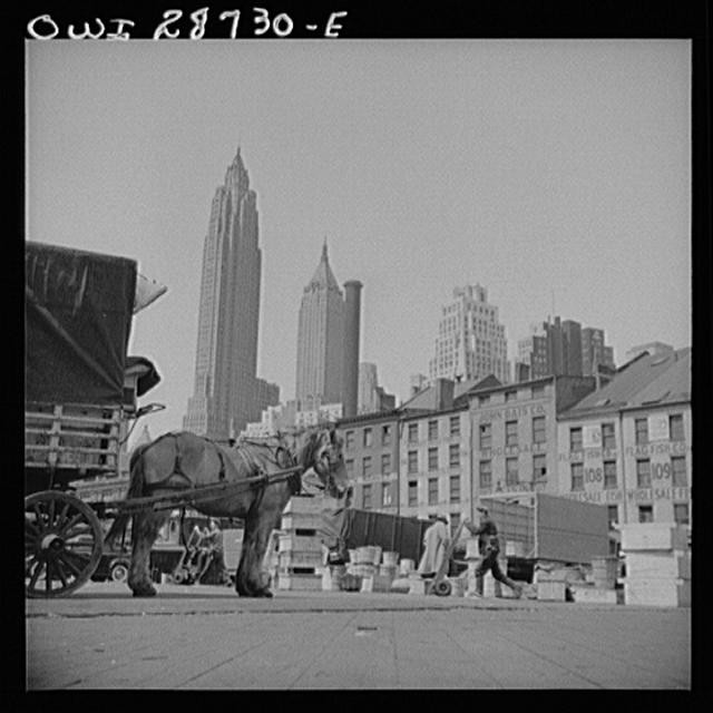 Photo:New York City NY 1900s Fulton Fish Market Horse Cart Skyline