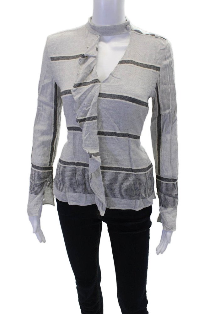 Derek Lam 10 Crosby Women's Long Sleeves Ruffle Blouse Gray Striped Size 2Free Shipping in US $100+ Orders | $6.95 Orders Below