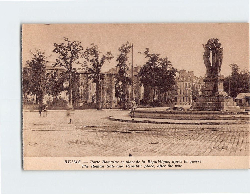Postcard The Roman Gate and Republic place after the war Reims France