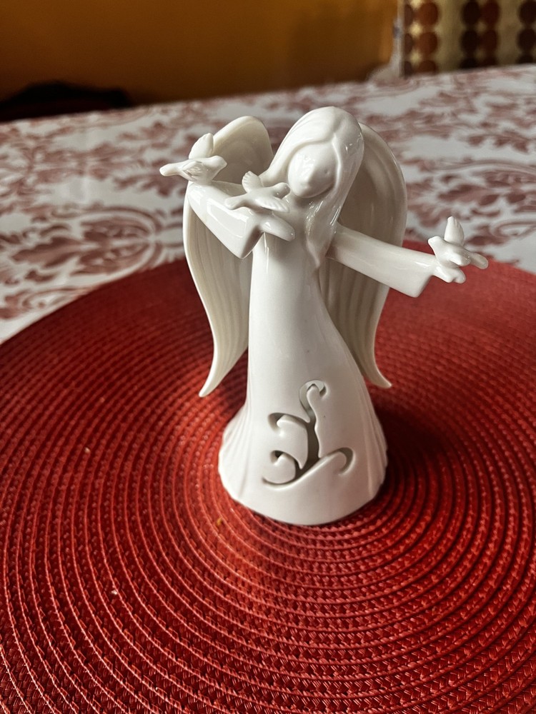 White Angel Figurine Votive Candle Holder Porcelain Christmas Decor Minimalist