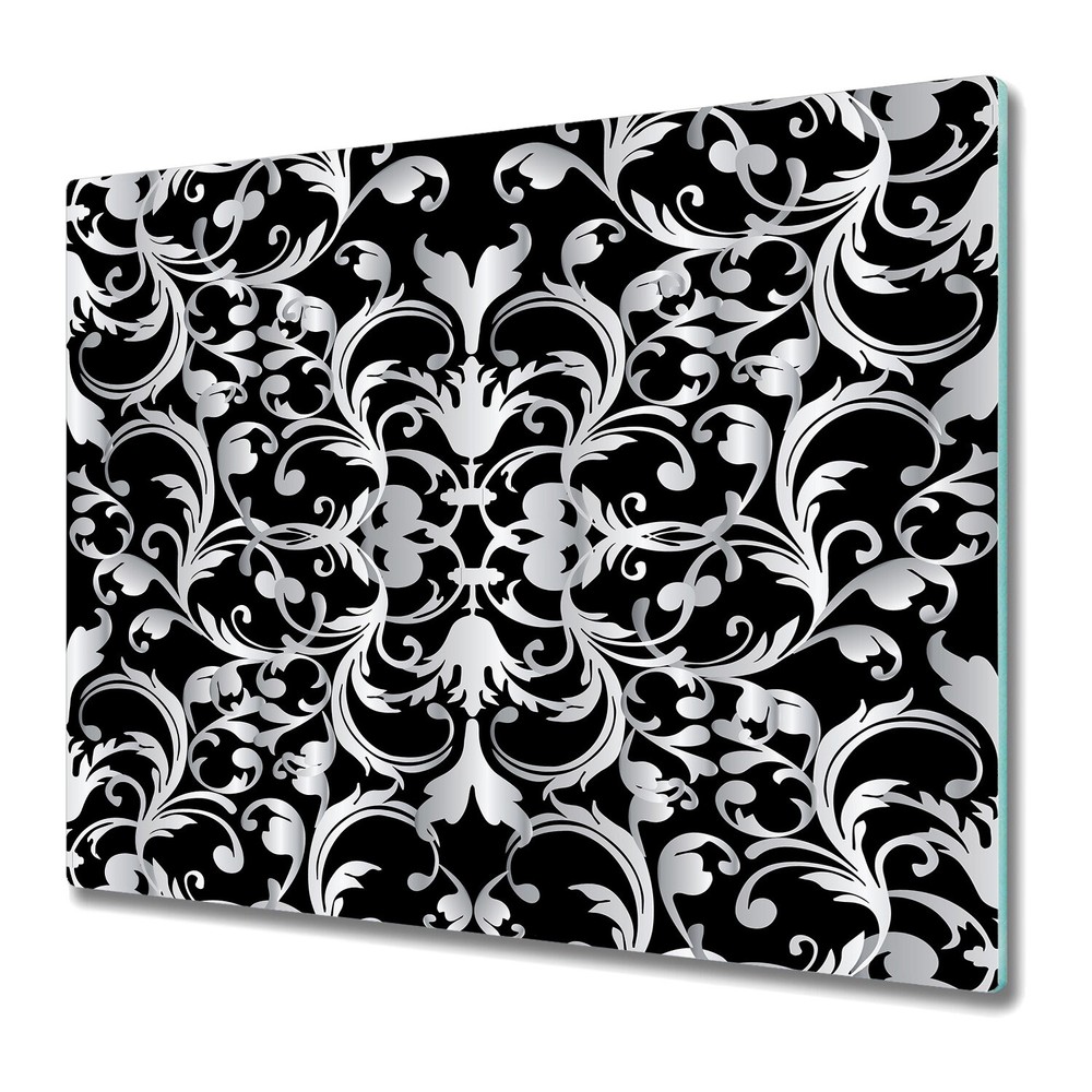 Vintage 3D Floral Black & White Tempered Glass Worktop Saver 60x52cm  