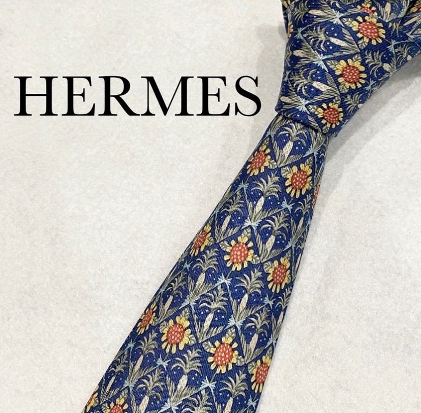 HERMES  Neck tie Silk Navy Blue Logo  japan seller Made in France