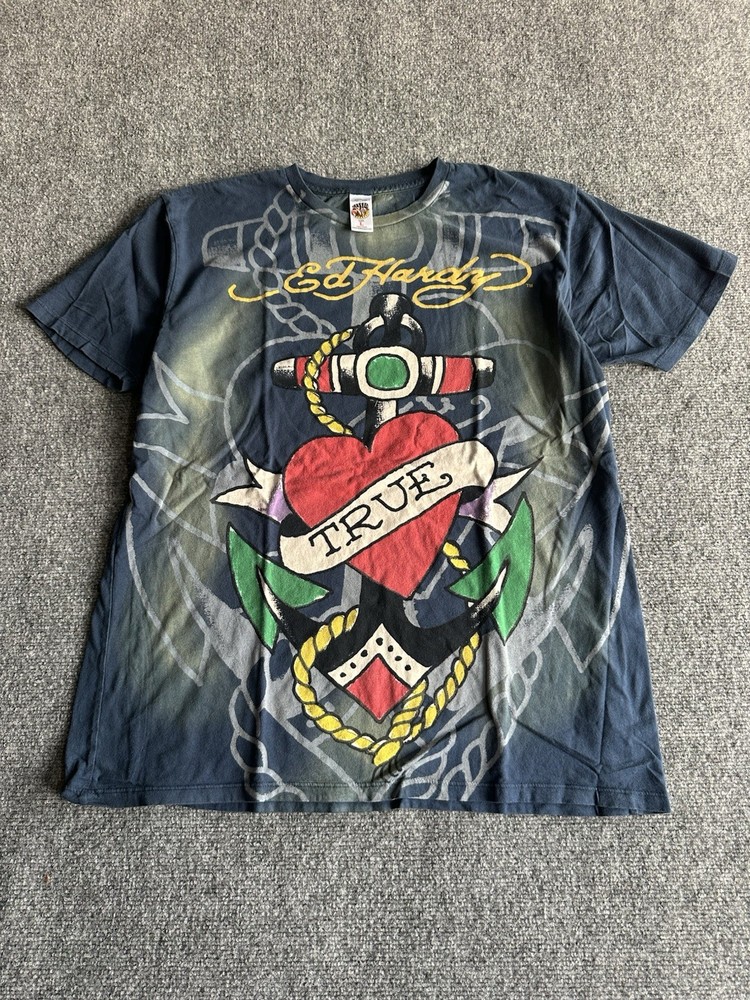 Ed Hardy By Christian Audigier Over Print Heart T-Shirt Grunge L True Faded Y2K