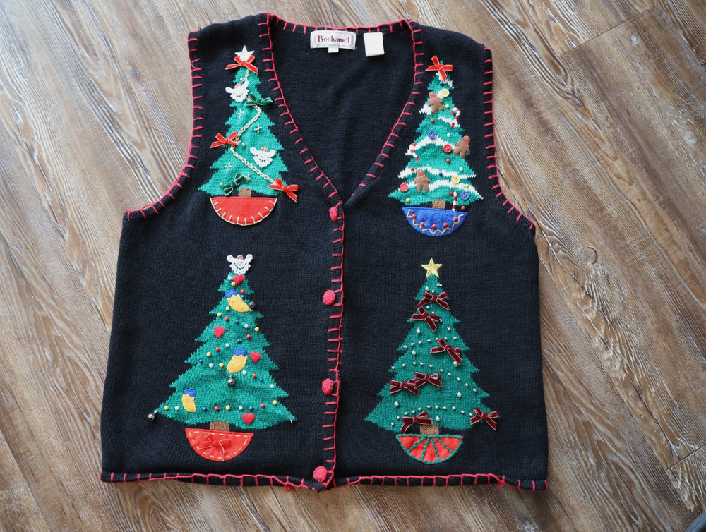 Vintage Bechamel Womens L Christmas Tree Sweater Vest Black Embroidered Holiday