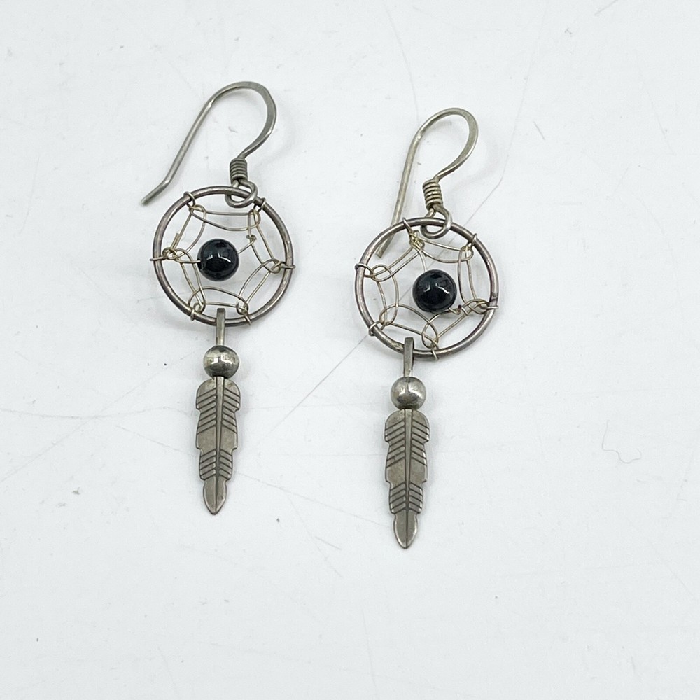Vintage Silver Tone Pierced Earrings Drop Dangle Dream Catcher Black Beads