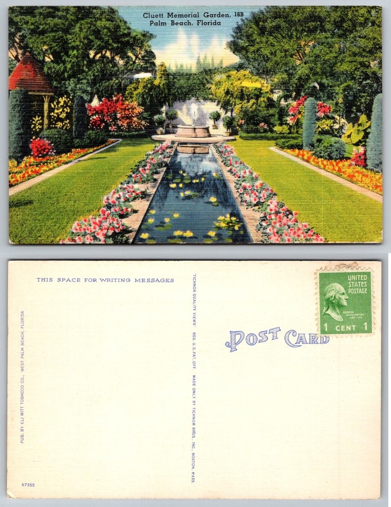 Vintage Cluett Memorial Garden Palm Beach Florida Linen Postcard Tichnor Bros