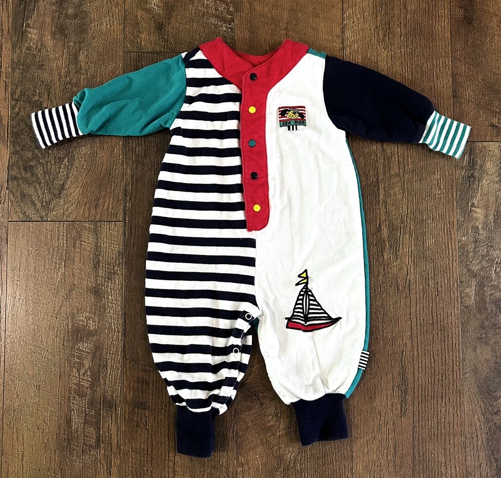 Vintage 90s Gymboree Baby Boy Romper Sz Infant Rainbow Tag Color Block Sailboat