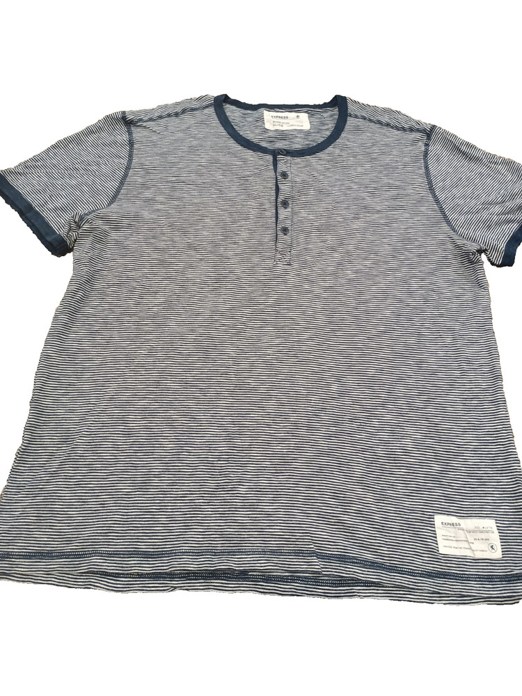 Express Henley Shirt Mens XL Extra Large Navy Blue/White Striped Short Sleeve