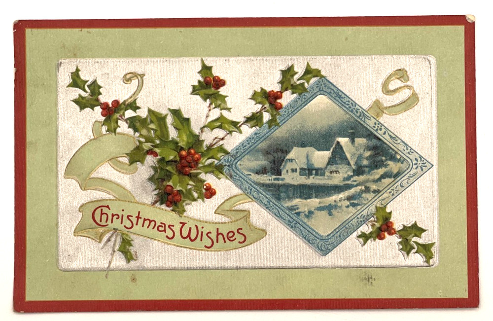 Antique Christmas Postcard Embossed Holly Winter Scene Germany