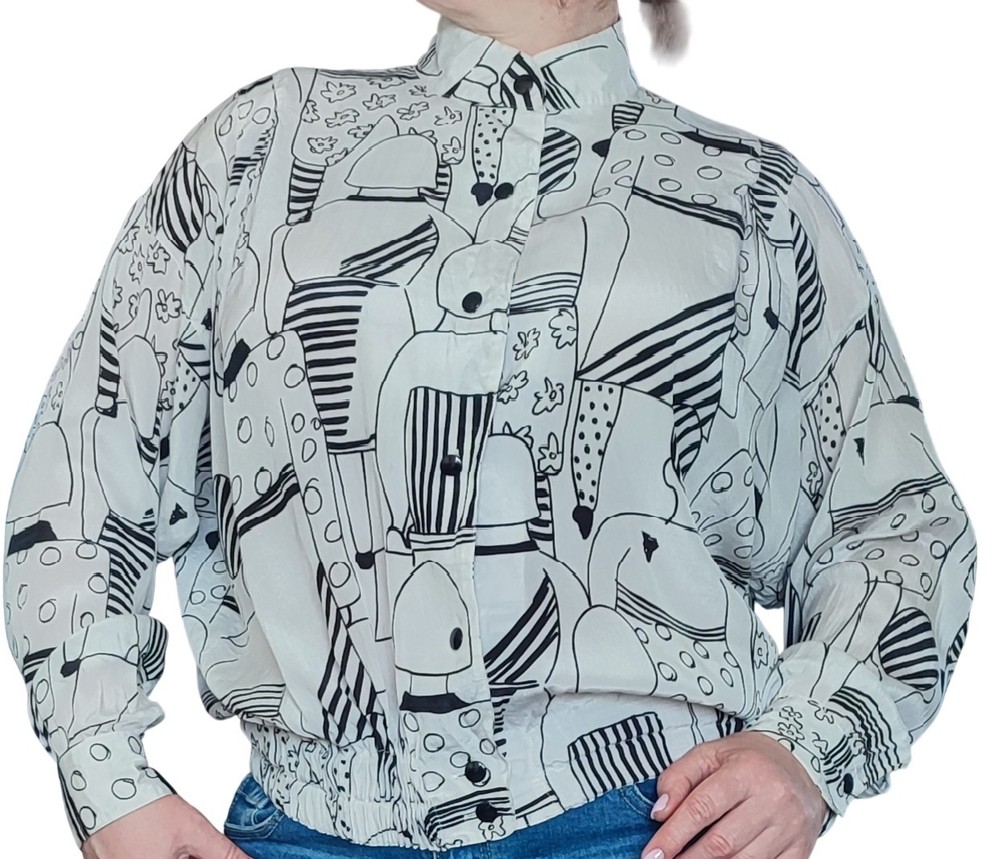 VTG Tru Blouse Silk Acetate Art Bomber Shirt Jacket Graphic Abstract 80s 90s L