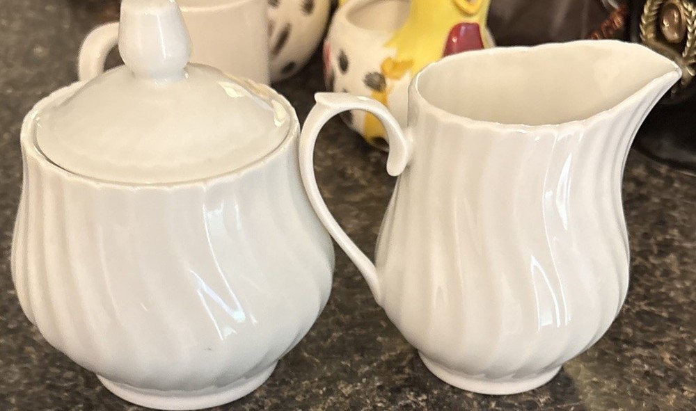 Vintage Creamer & Sugar Bowl. White Swirl Pattern.