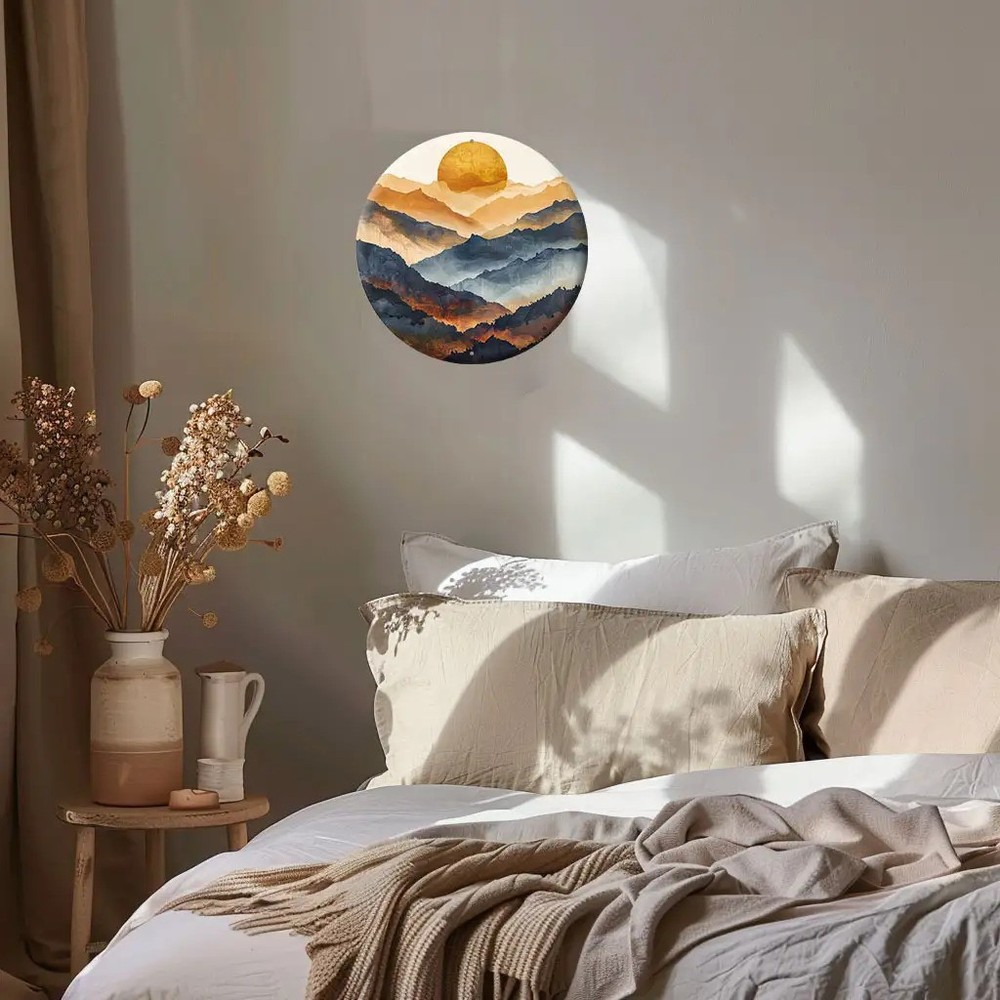 Serene Mountains Golden Sunset Round Metal Wall Art Landscape