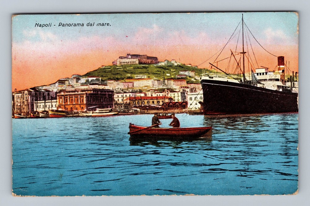 Italy- Naples Sea View Steam Ship Standard Souvenir Postal Old Vintage Postcard