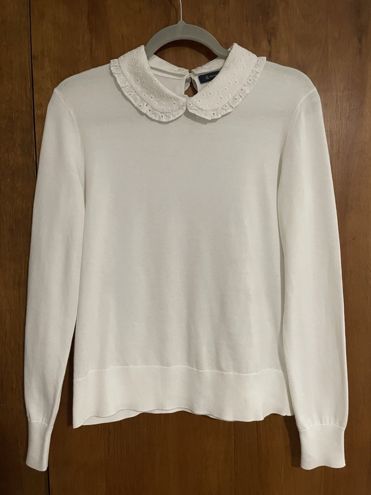 Brooks Brothers Women's White Cotton Sweater w/ Eyelet Lace Peter Pan Collar, S