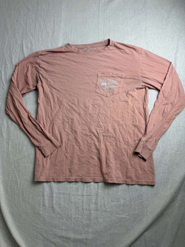 Southern Fried Cotton Pocket Shirt Mens Medium Pink Long Sleeve Boho Crewneck