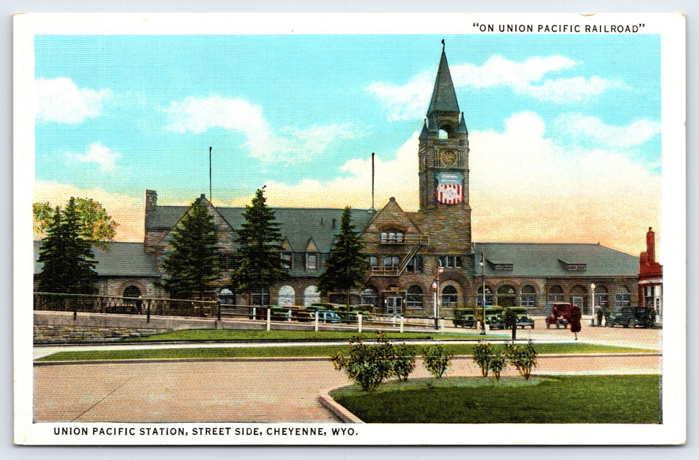 Cheyenne Wyoming Union Pacific Railroad Station Building Cars Vintage Postcard