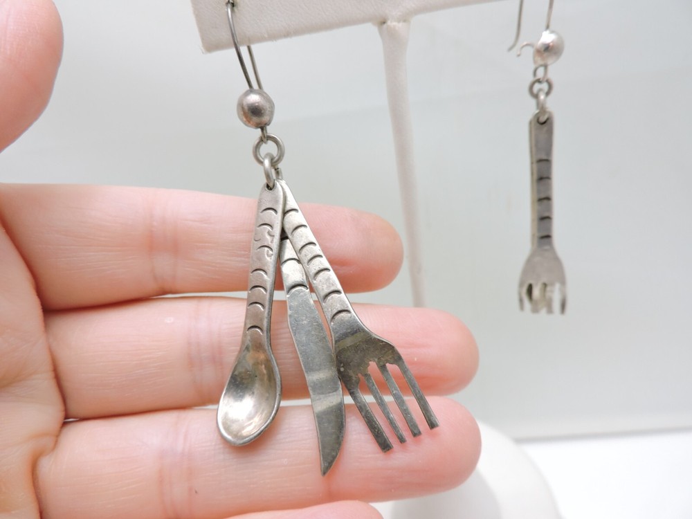 Vtg Taxco Sterling Silver Spoon Fork Knife Dangle Earring PCM Unique 2.75 inches