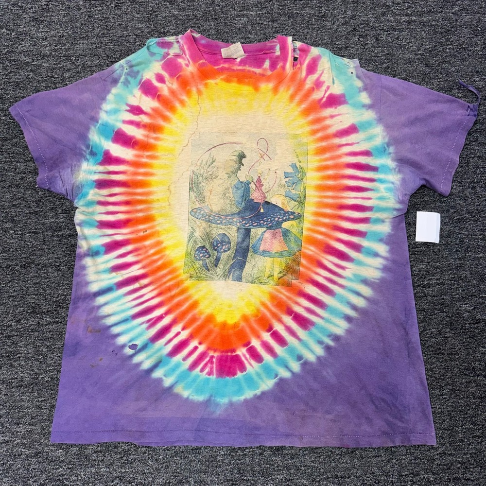 Vintage 80s Alice in Wonderland Grateful Dead Band T-Shirt XL Tie Dye Thrashed