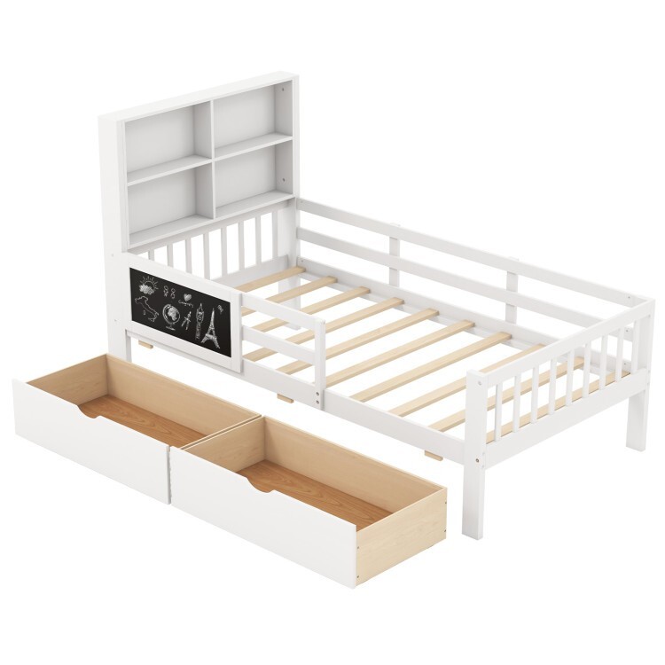 Twin Size Kids Bed Frame Wooden Bedroom Platform W/ 2 Storage Drawers & Bookcase