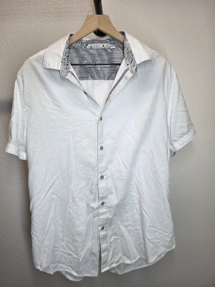 Robert Graham Mens White Patterned Classic Fit Short Sleeve Button Down Shirt XL
