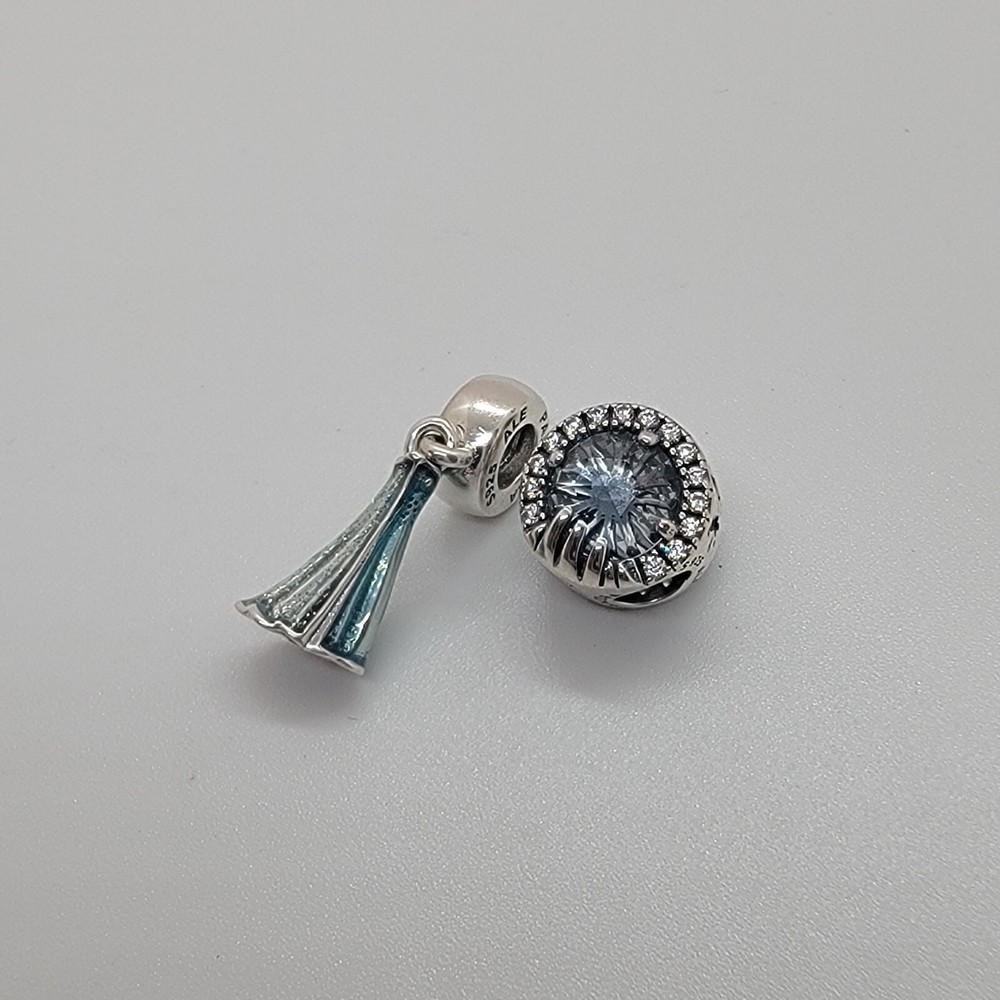 Set 2 New Pandora Authentic Disney Elsa's Dress Dangle and Frozen Crystal Charms