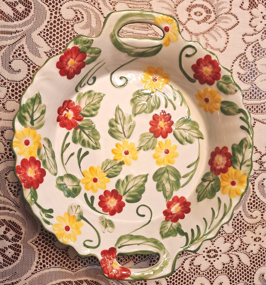 Temptations by Tara Platter Baking Dish Bowl w/Handles Red Yellow Floral 2 Qt
