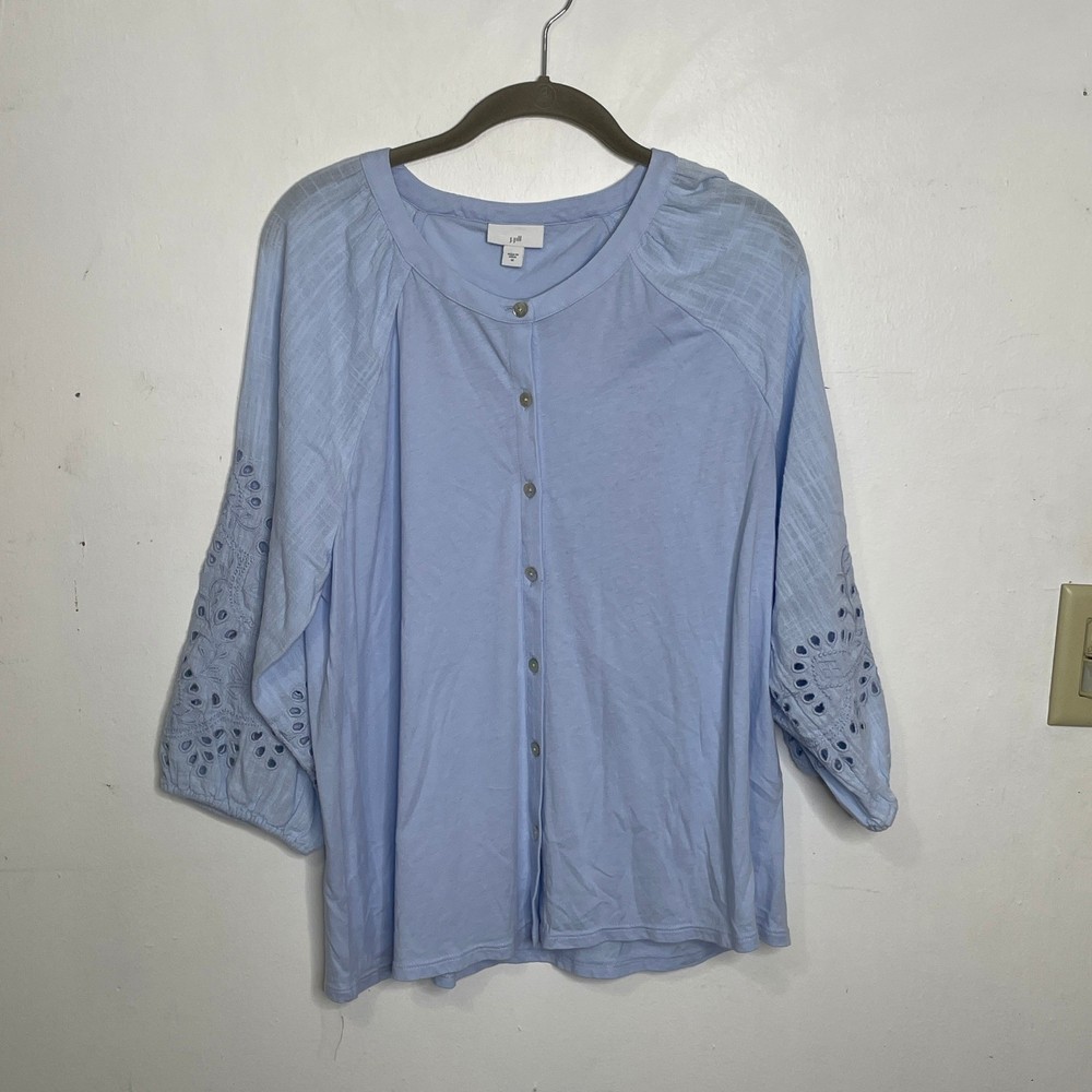 J. Jill Womens Light Blue Eyelet Embroidered Sleeve Button Front Top Size M