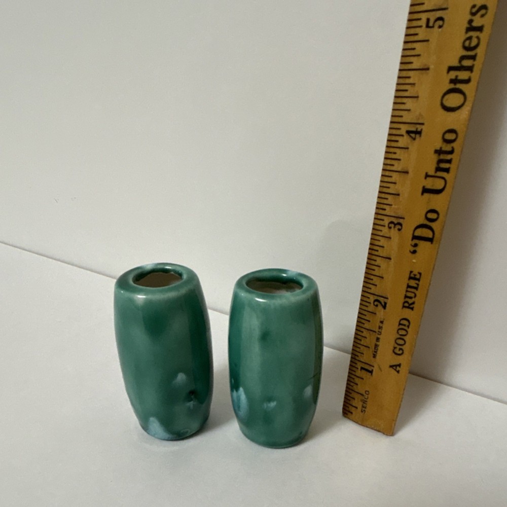 Vintage blue green Glossy Ceramic Barrel Beads Pair, macrame. Large