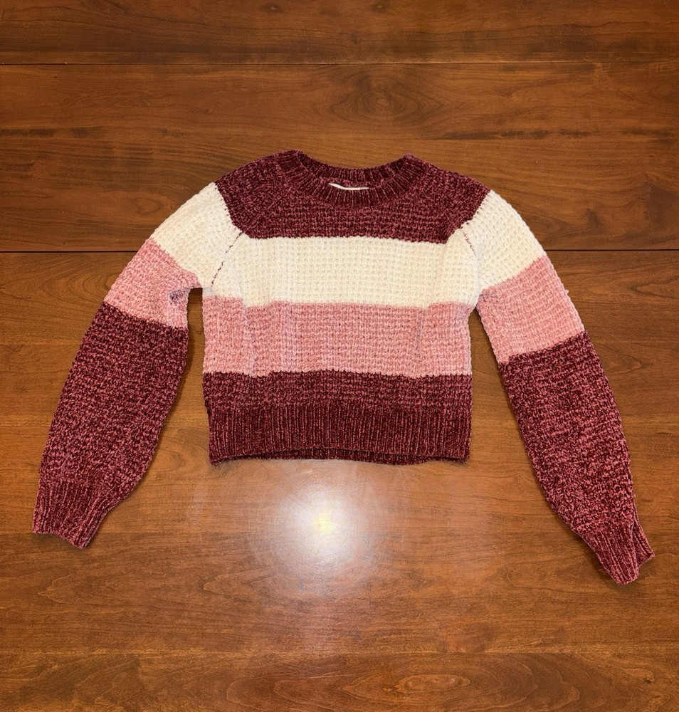 Altar'd State Striped Knit Crew Neck Pullover Sweater Burgundy Pink XS Women's