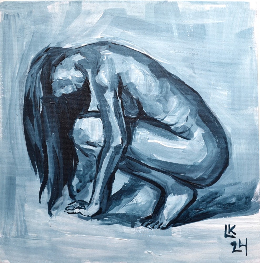 Modern Nude Female Painting Blue Tones Original Figurative Artwork on Canvas