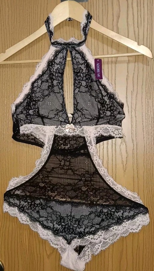 NWT! Adore Me Lace One Piece Lingerie Womens Size Medium Pink And Black Sheer...