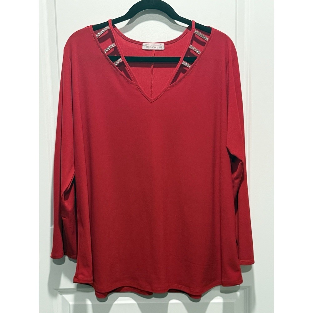 89th Madison Red V Neck Long Sleeve Embellished Neckline Tunic Top Plus Size 2X