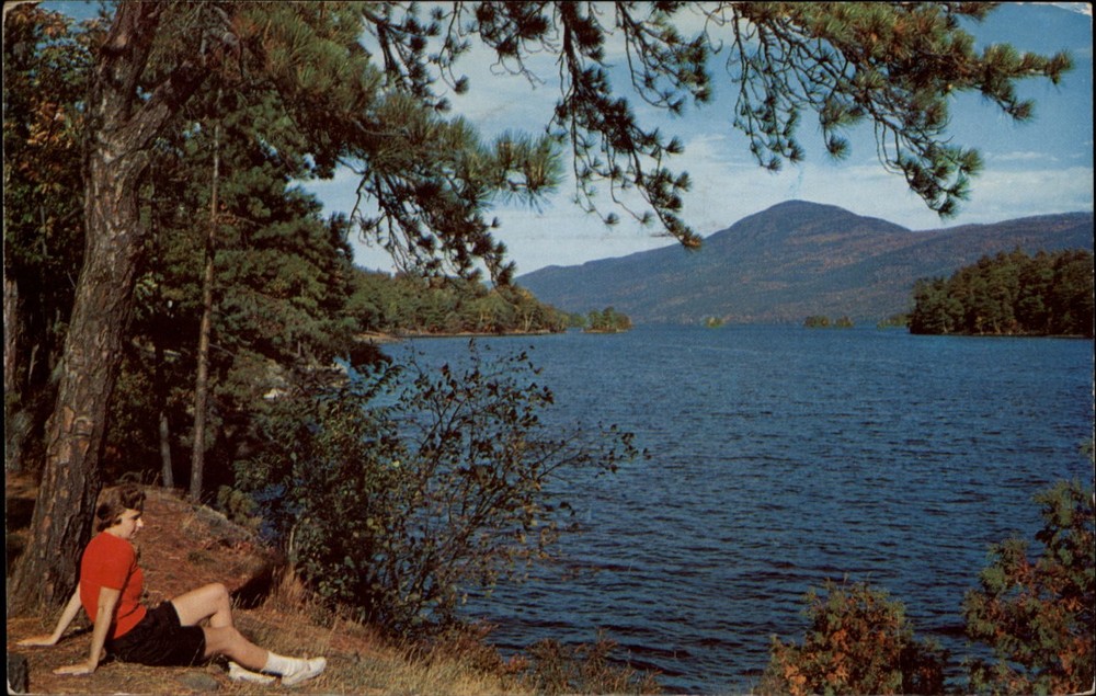 Lake George New York Adirondacks woman 1960s fashion mailed 1960 postcard