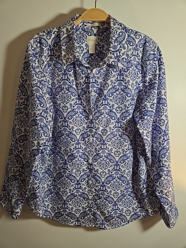 Chico's No-Iron Blue White Paisley Button Down Shirt Blouse Size 2 Long Sleeve