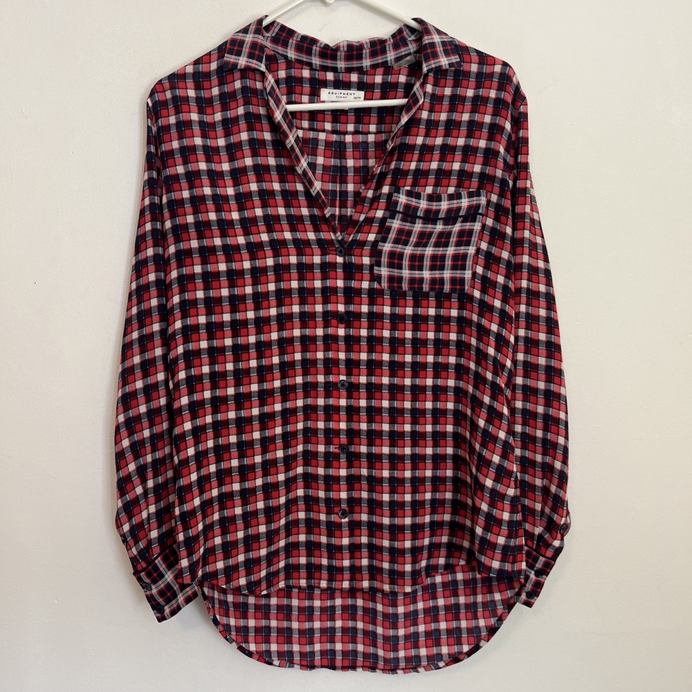 Equipment Femme XS Button Up Top 100% Silk Blouse Red Navy Blue Check Plaid