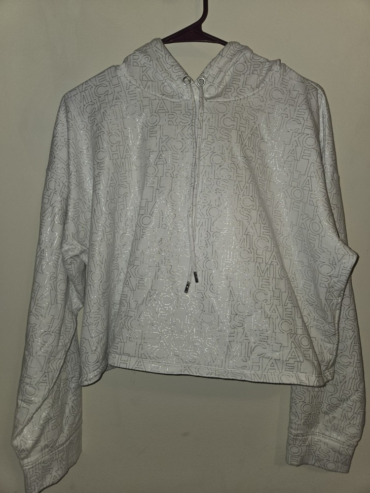 Michael Kors Women's White Crop Hoodie Size Medium Silver Logo Pullover Top
