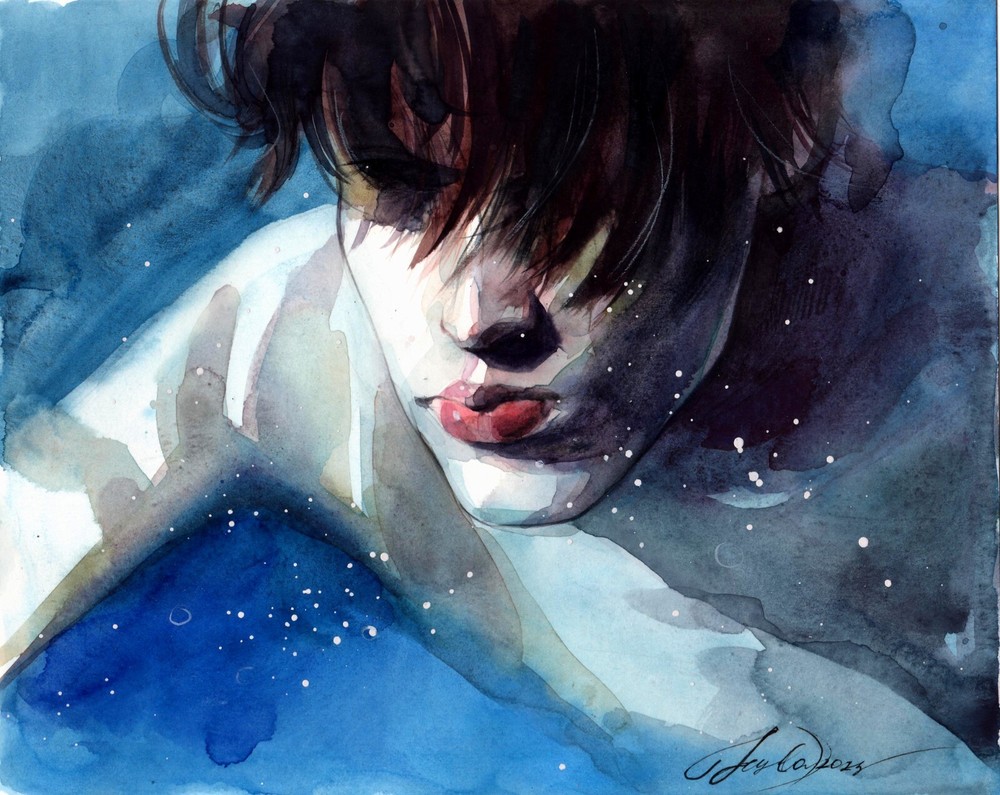 Original Watercolor Painting Man under Water Painting Deep Ocean Wall Art