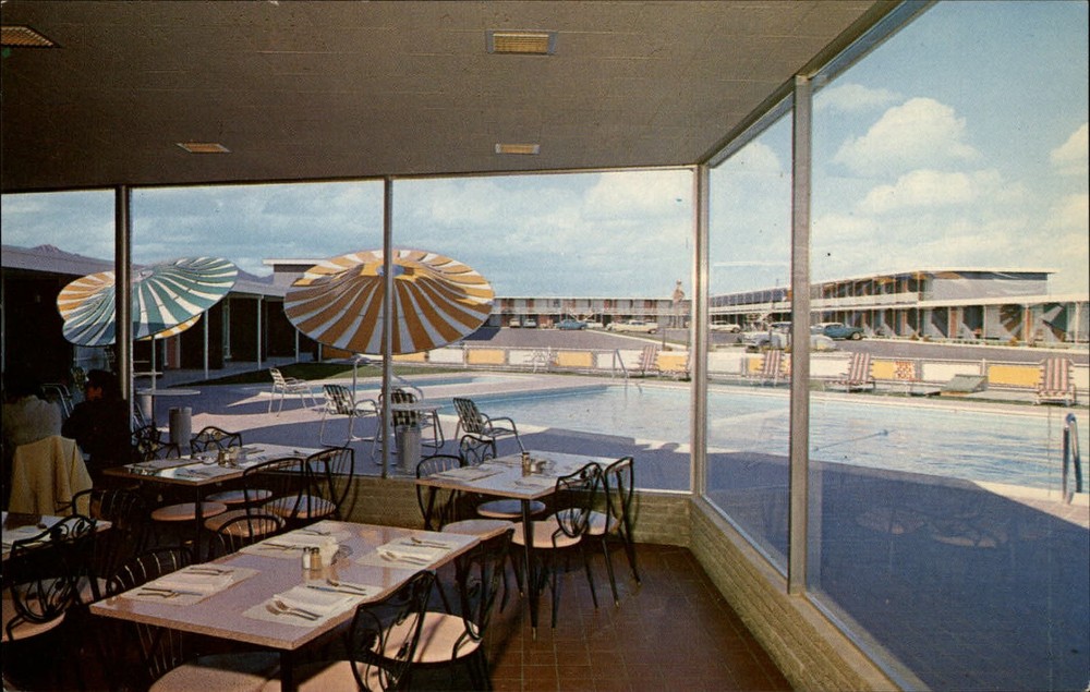 Texas El Paso Ramada Inn swimming pool dining room ~ 1950-60s postcard