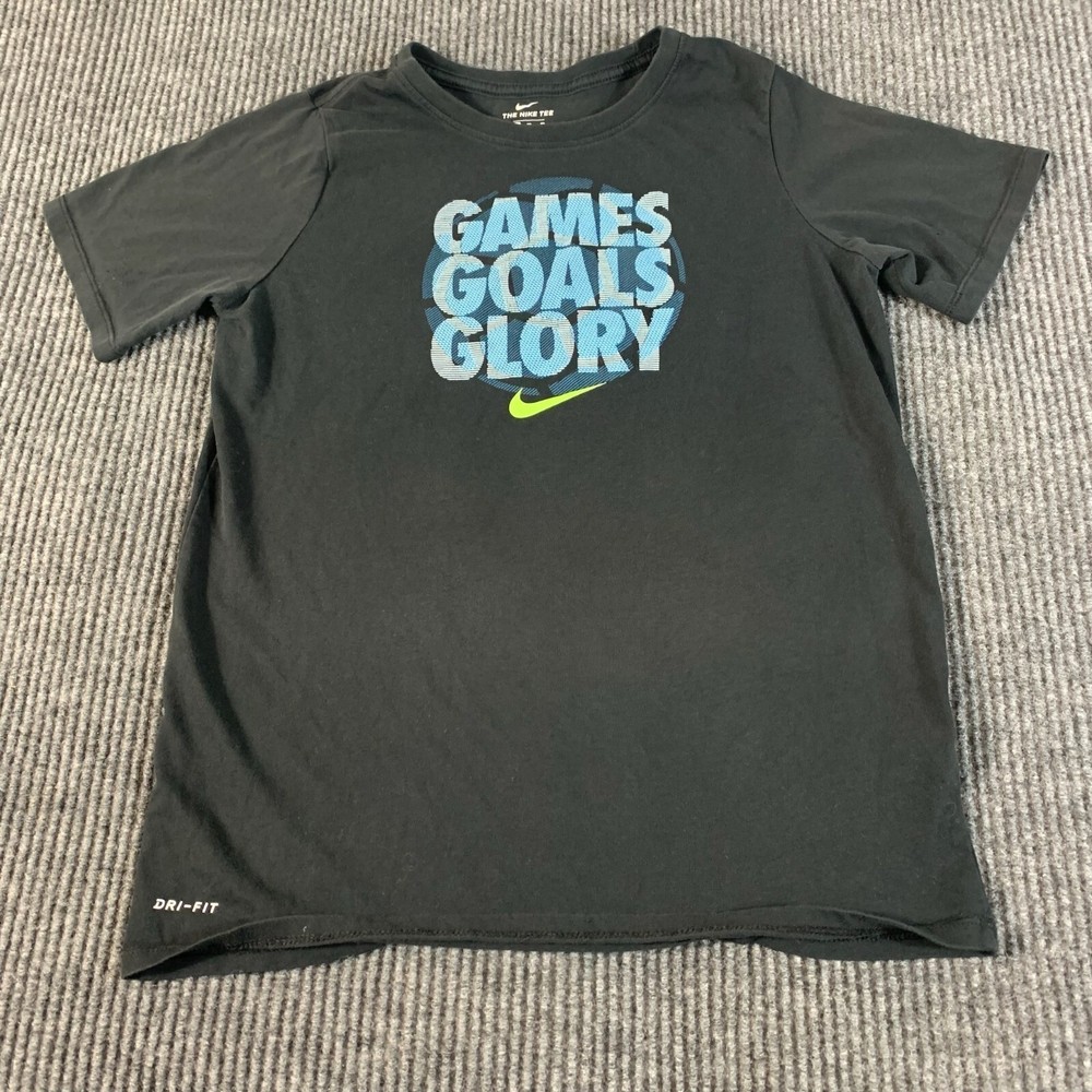 Nike T Shirt Boys Extra Large Black Center Swoosh Dri Fit Games Goals Glory