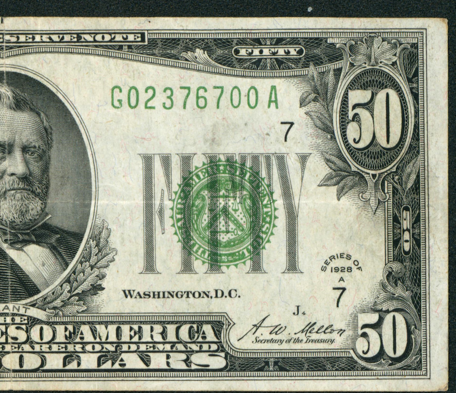$50 1928 ((DARK GREEN SEAL)) Federal Reserve Note ** PAPER CURRENCY AUCTIONS