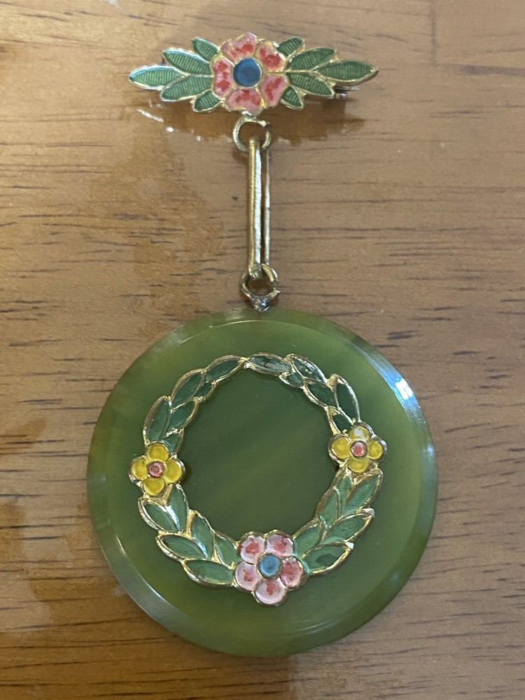 Rare Bakelite Green Yellow Marble Dangle Brooch