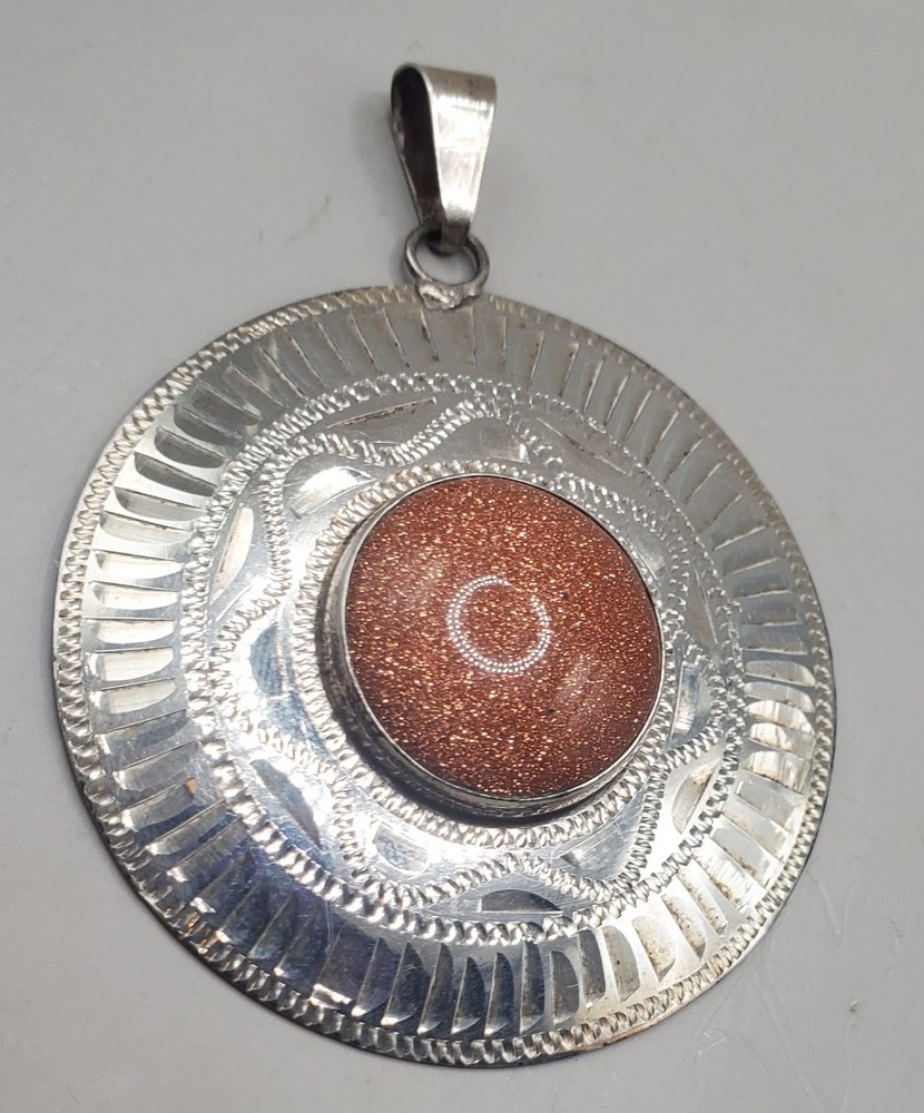 Vtg Etched Sterling Silver Southwest Goldstone Pendant Signed HD 925