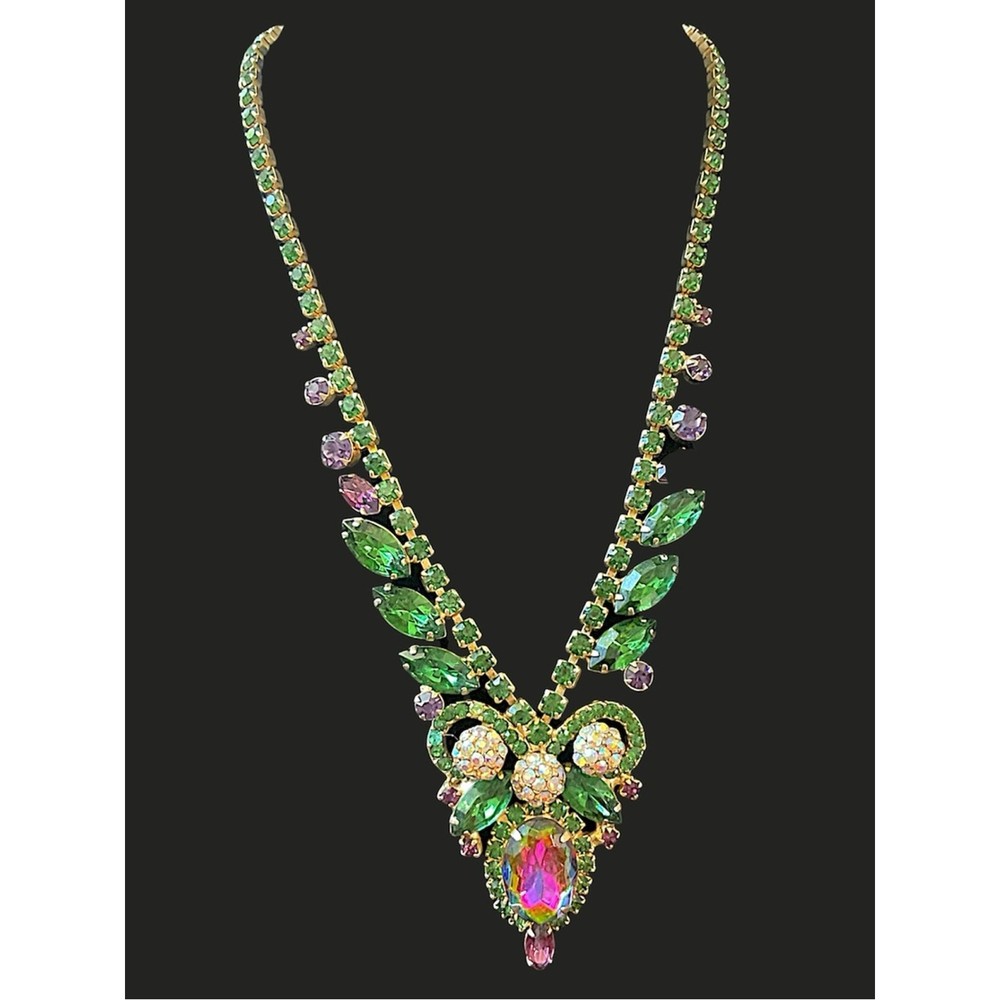 Vintage Verified Juliana Watermelon Aurora Borealis Green Rhinestone Necklace