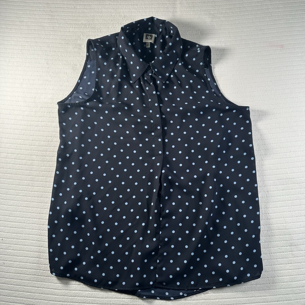 Anne Klein Womens M Navy Polka Dot Sleeveless Blouse Zip Front Collared Neck