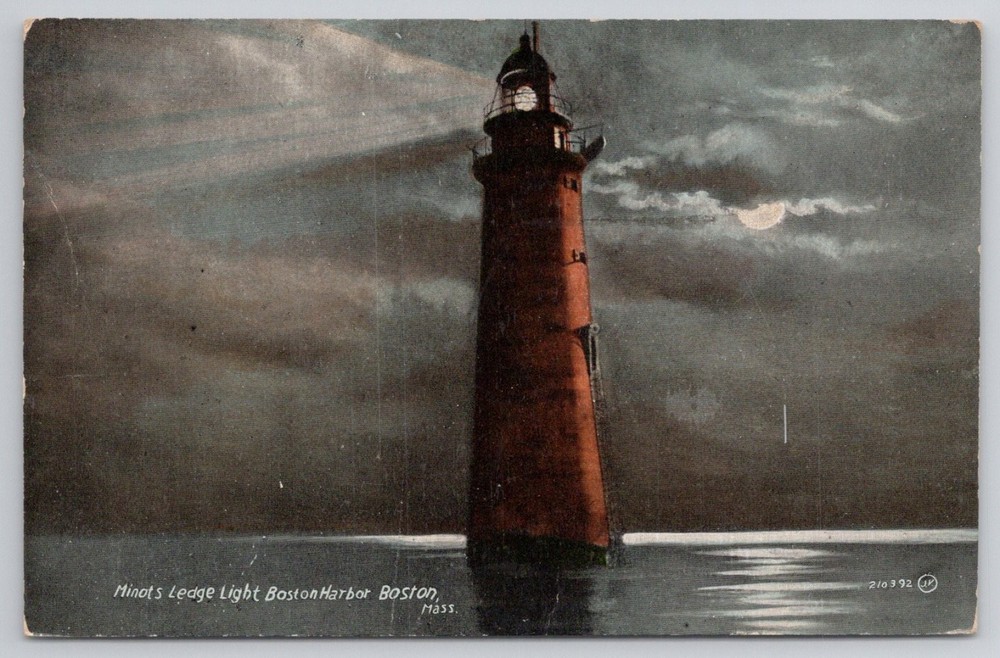 Minots Ledge Light Boston Harbor MA Lighthouse Moonlight Postcard 1910