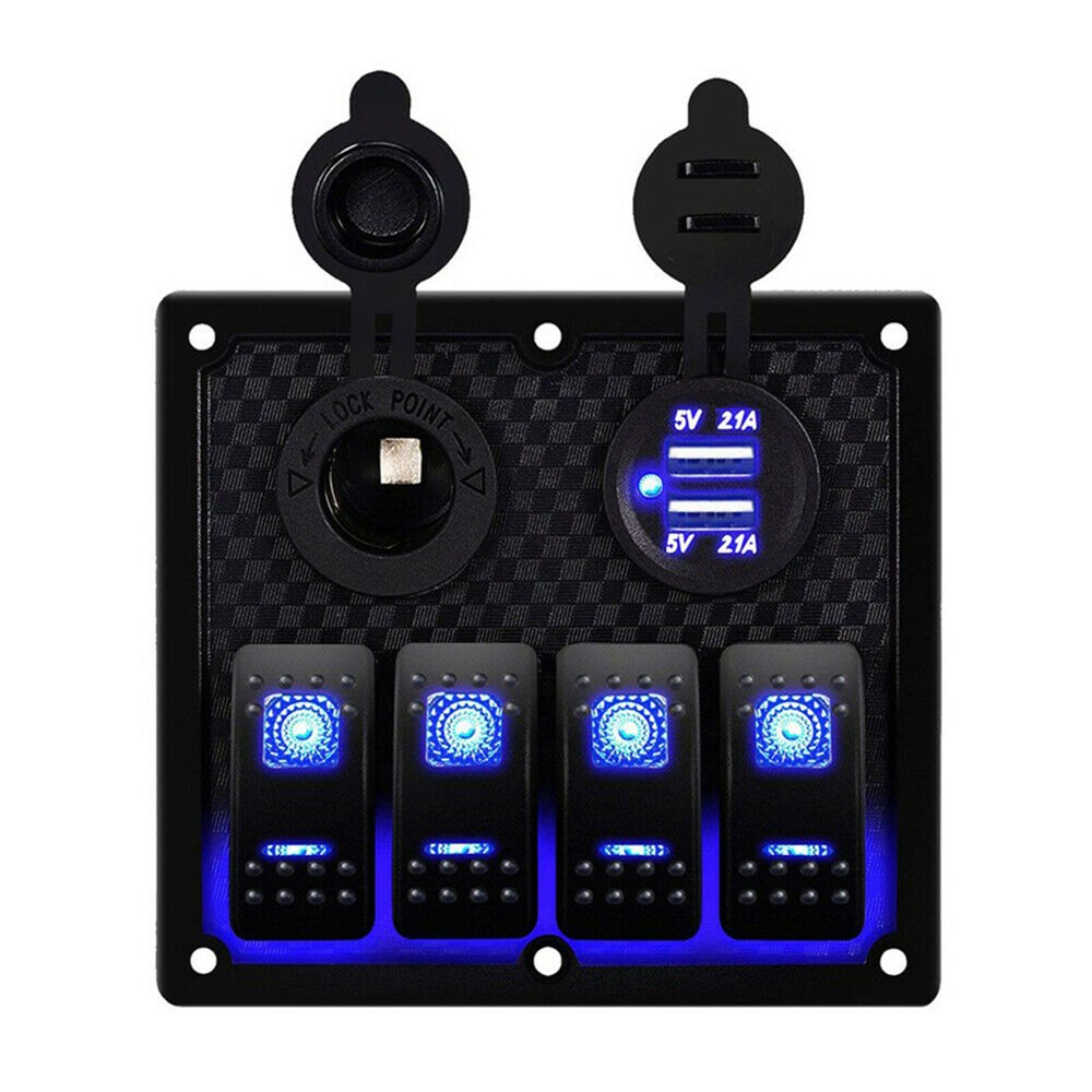 4 Gang Blue LED Toggle Rocker Switch Panel Control Breakers Car Marine Boat 12V