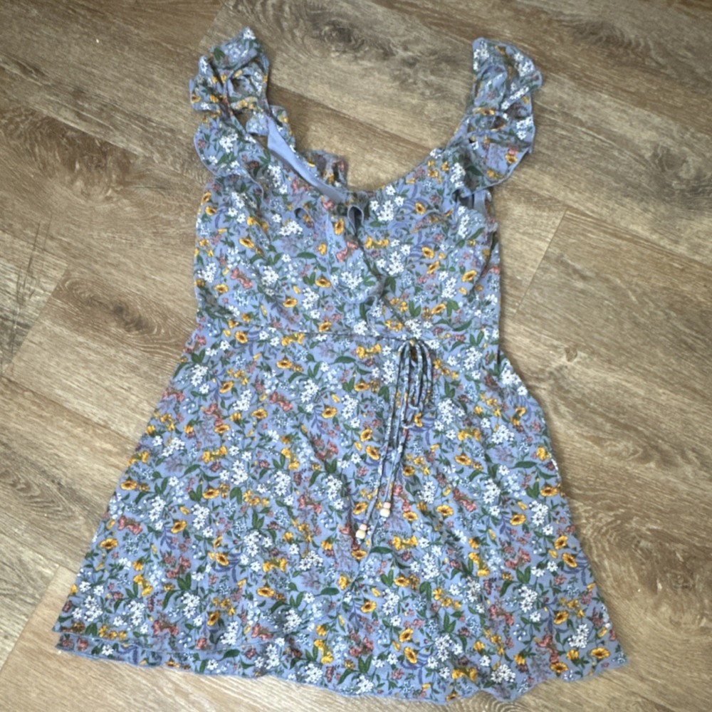 teezeme Floral Fit & Flare Dress Girls Size 13/14 Blue Ruffle Sleeveless Short