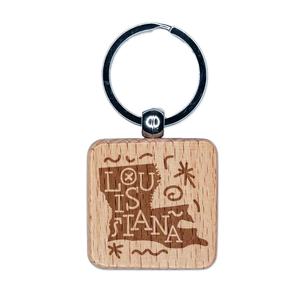 Louisiana State Wood Keychain with Engraved Swirl Text Design