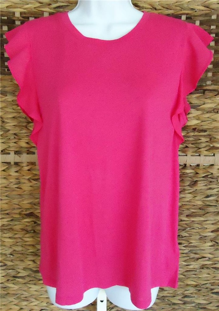 MICHAEL KORS WOMEN ELECTRIC PINK ROUND NECK RUFFLE CAP SLEEVE TOP SIZE M NWT $58
